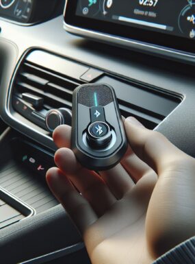 Bluetooth hands-free kit setup in car interior by professional