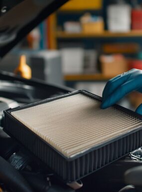 lose-up of hands holding a pleated engine air filter ready for replacement